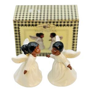 African American Pair Kissing Angel Bells Figurines Vintage 3in